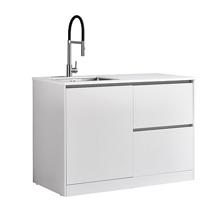 LeVivi Laundry Station 1300mm LH Door RH Drawers White Top White Cabinet