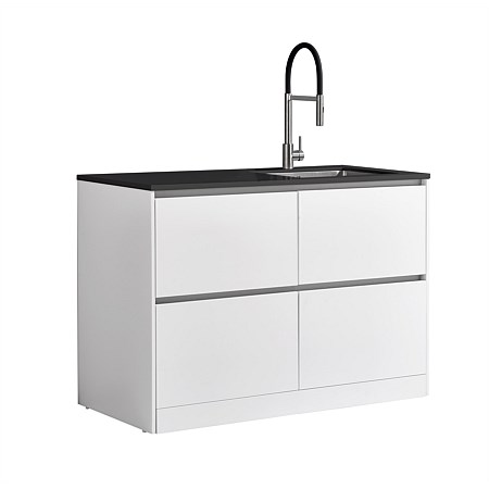 LeVivi Laundry Station 1300mm RH Sink 4 Drawers Charcoal Top White Cabinet