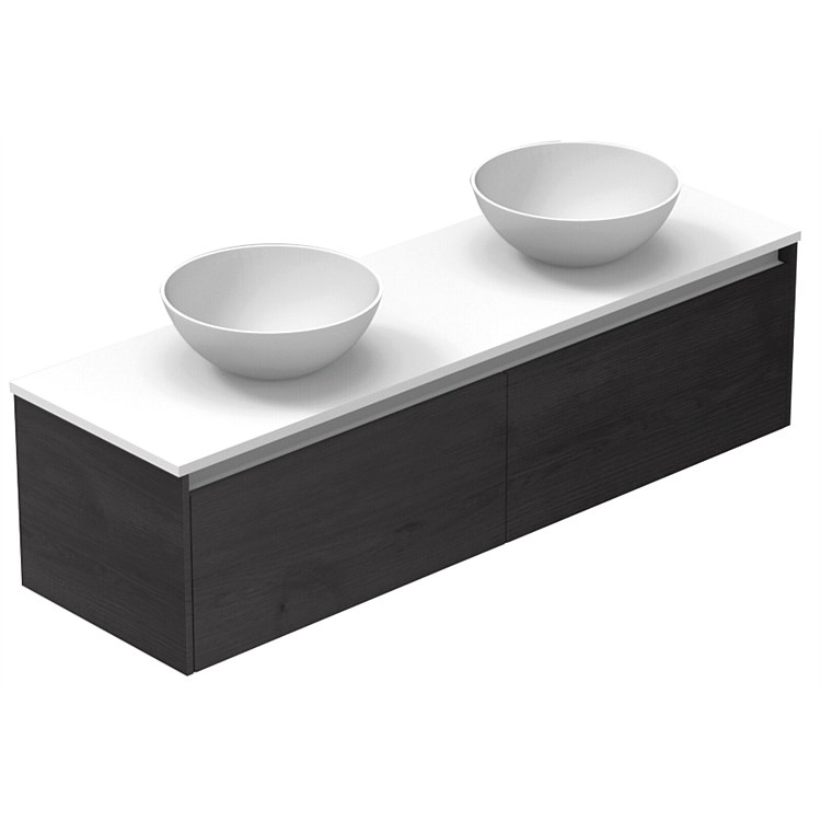 LeVivi Capri 1500mm Solid Surface Wall-Hung Vanity with Round Vessel Basins Charred Oak LeVivi Capri 1500mm Solid Surface Wall-Hung Vanity with Round Vessel Basins Charred Oak