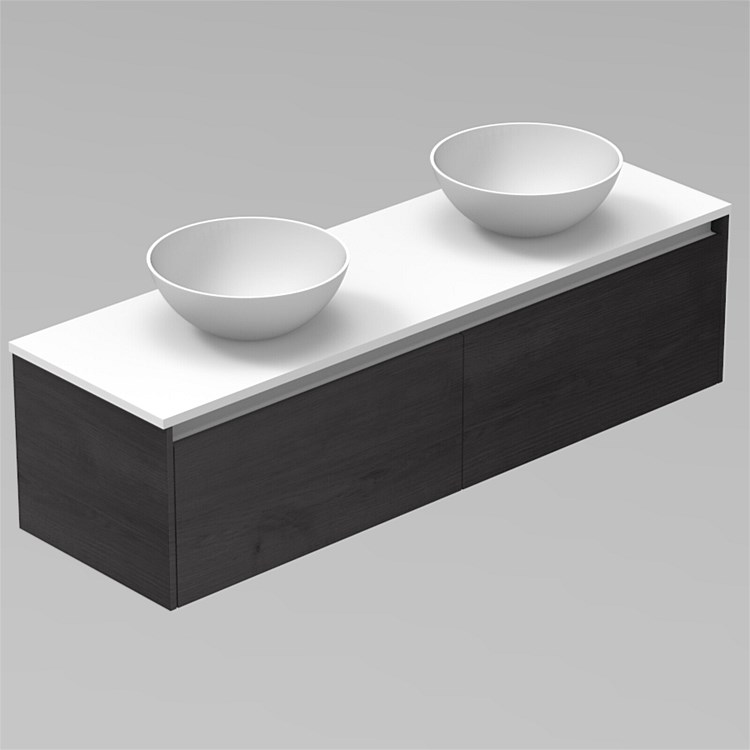 LeVivi Capri 1800mm Solid Surface Wall-Hung Vanity with Round Vessel Basins Charred Oak