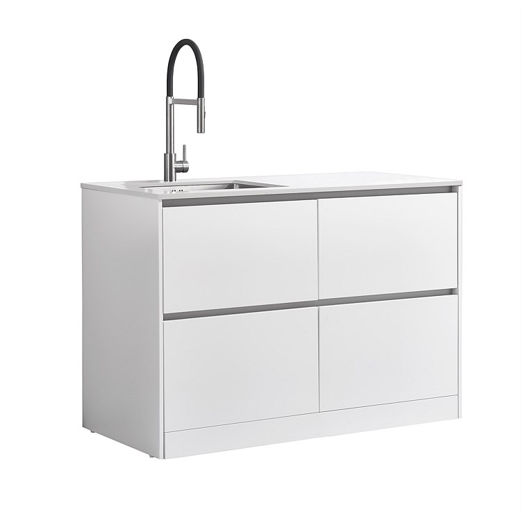 LeVivi Laundry Station 1300mm LH Sink 4 Drawers White Top White Cabinet
