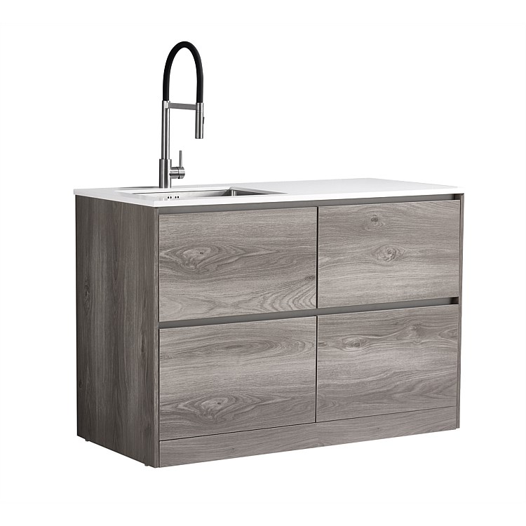 LeVivi Laundry Station 1300mm LH Sink 4 Drawers White Top Elm Cabinet