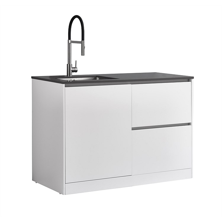 LeVivi Laundry Station 1300mm LH Door RH Drawers Charcoal Top White Cabinet