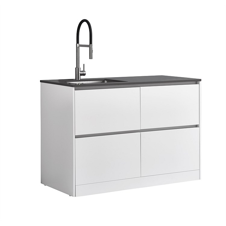 LeVivi Laundry Station 1300mm LH Sink 4 Drawers Charcoal Top White Cabinet