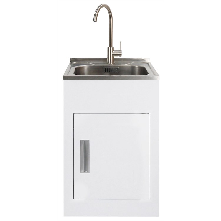 LeVivi LaundraStudio Tub and Cabinet with Brushed Stainless Steel Gooseneck Mixer