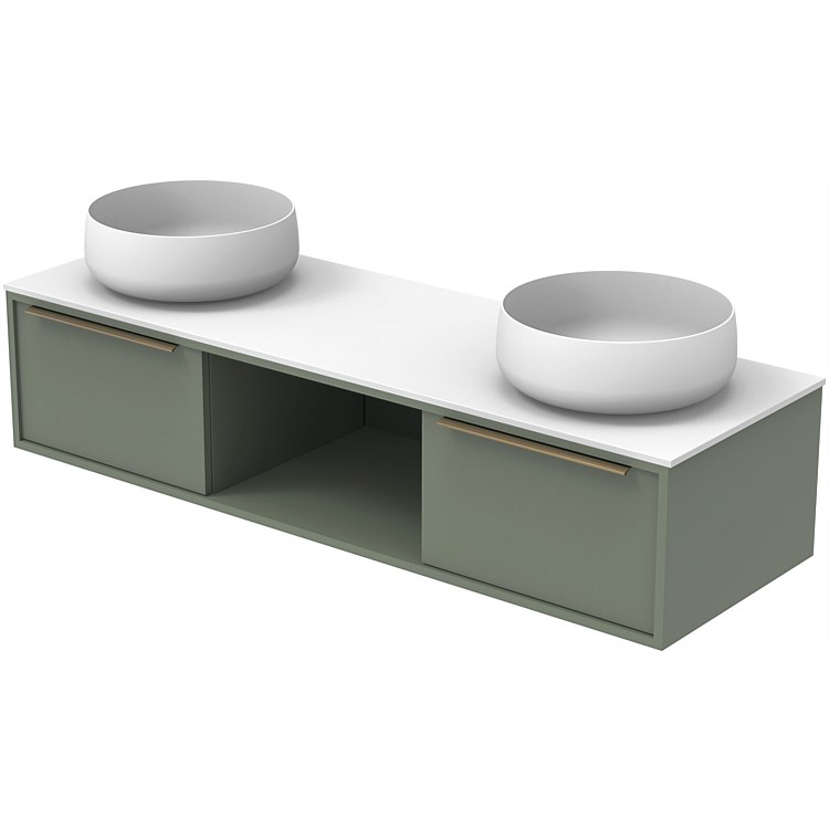 Athena Fleet Modular 1400mm Wall Hung Vanity with Double Circa Basins & Solid Surface Top Green Slat