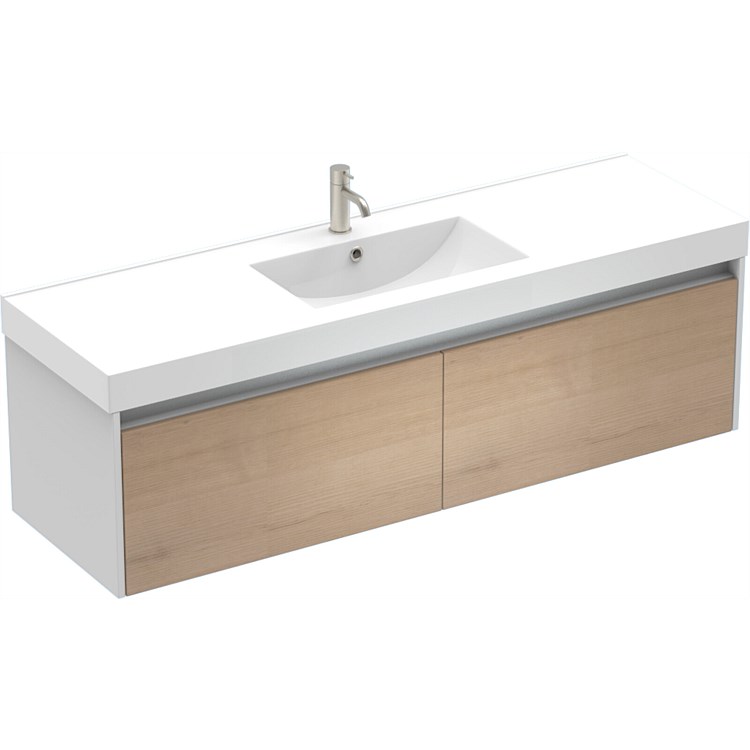 LeVivi Capri 1500mm Double Bowl 2 Drawer Wall-Hung Vanity White Ranfurly Oak
