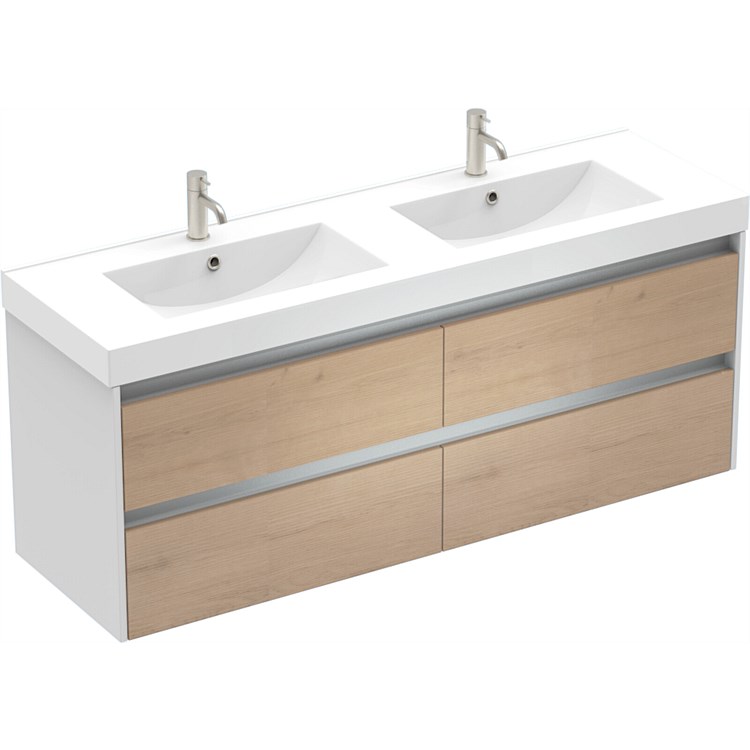 LeVivi Capri 1500mm Double Bowl 4 Drawer Wall-Hung Vanity White Ranfurly Oak