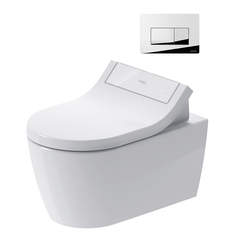 Duravit ME by Starck P-Trap Wall-Hung Toilet Suite with SensoWash Classic Seat White and Chrome Push