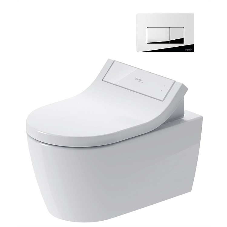 Duravit ME by Starck P-Trap Wall-Hung Toilet Suite with SensoWash® Classic Seat White and Chrome Pus