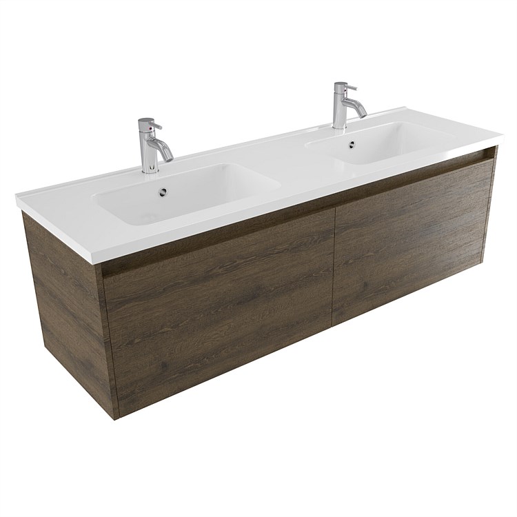 Elementi Sienna 1500mm Double Bowl Wall-Hung Vanity with Polymarble Top Smokey Oak Timberland
