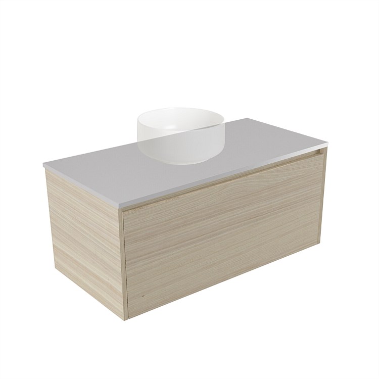 Elementi Sienna 900mm Wall-Hung Vanity Moonlight Elestone Flat Top Seasoned Oak