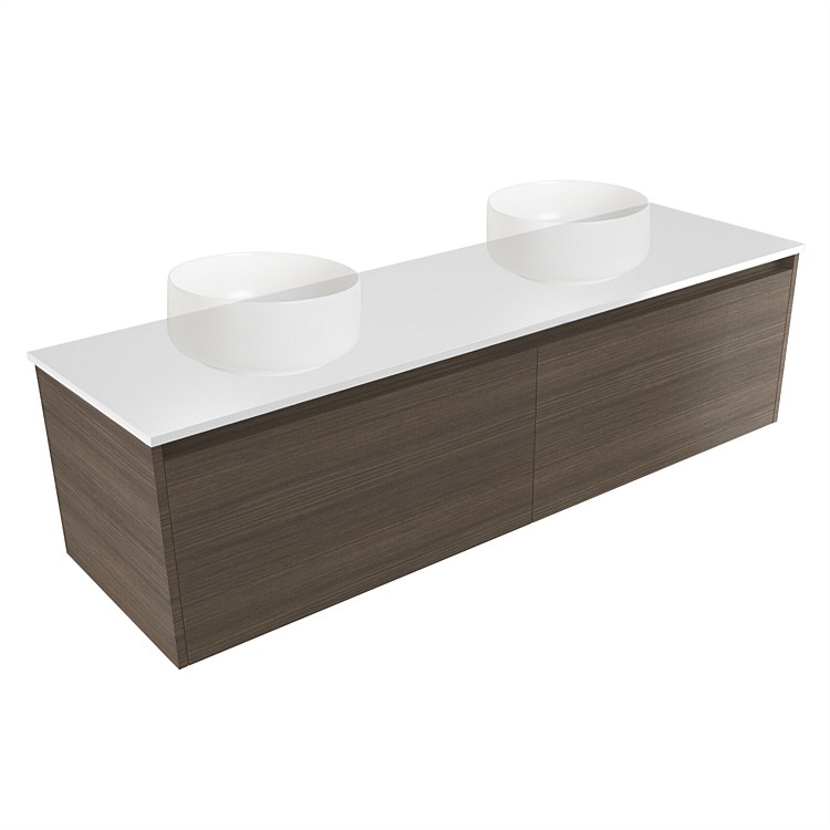 Elementi Sienna 1500mm Double Wall-Hung Vanity White Elestone Top Charred Oak