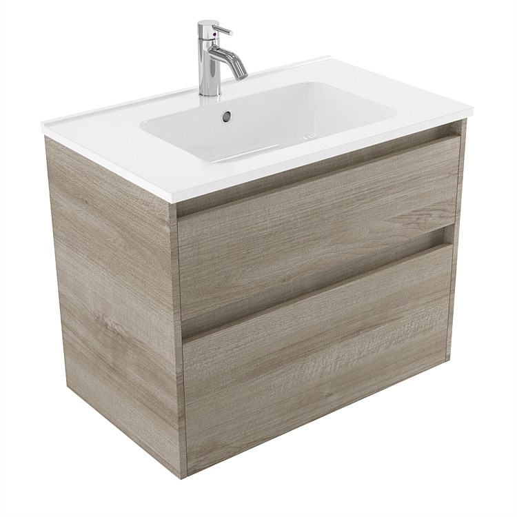 Elementi Sienna 750mm 2 Drawer Polymarble Wall-Hung Vanity Ashen Walnut Timberland