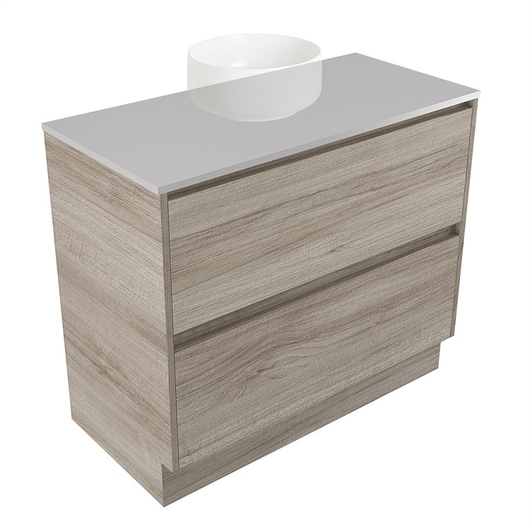 Elementi Sienna 900mm 2 Drawer Vanity Moonlight Elestone Flat Top Ashen Walnut Timberland