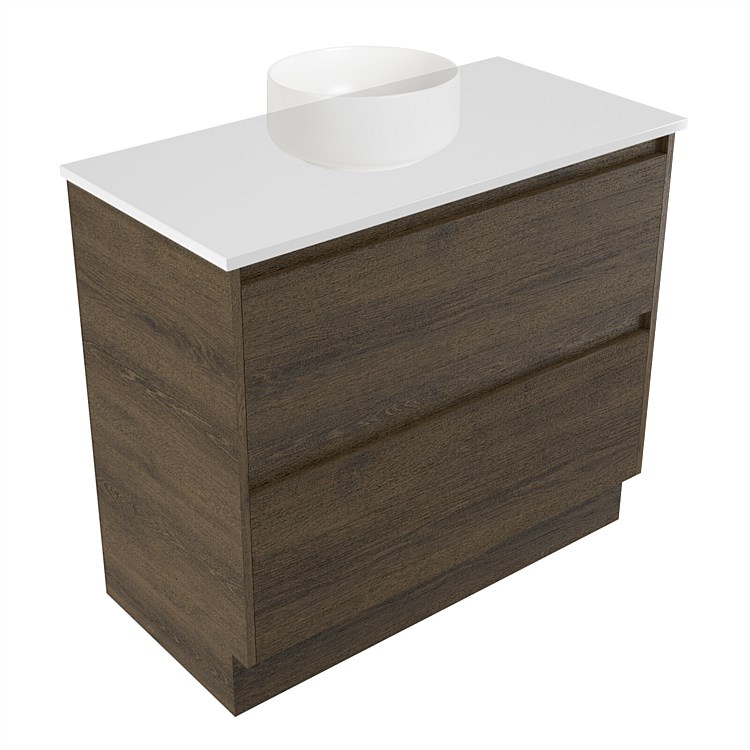 Elementi Sienna 900mm 2 Drawer Vanity White Elestone Top Smokey Oak Timberland