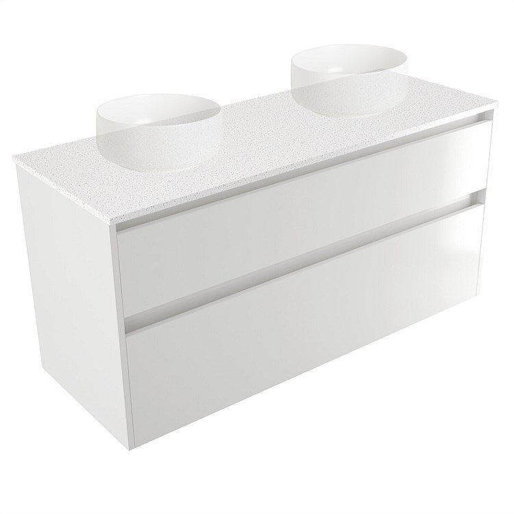 Elementi Sienna 1200mm Double 2 Drawer Wall-Hung Vanity Motion Elestone Flat Top  White Gloss