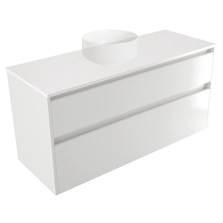 Elementi Sienna 1200mm 2 Drawer Wall-Hung Vanity Motion Elestone Flat Top White Gloss