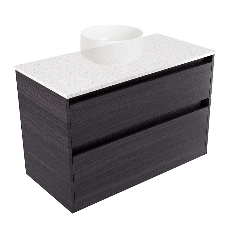 Elementi Sienna 900mm 2 Drawer Wall-Hung Vanity Motion Elestone Flat Top Fiordland Elm Wilderness