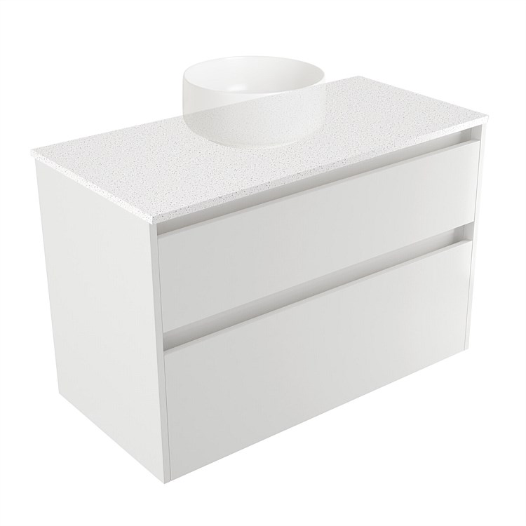 Elementi Sienna 900mm 2 Drawer Wall-Hung Vanity Motion Elestone Flat Top White Gloss