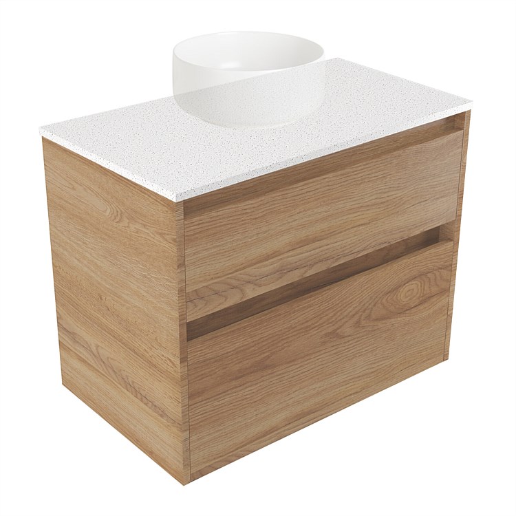 Elementi Sienna 750mm 2 Drawer Wall-Hung Vanity Motion Elestone Flat Top Southern Oak Timberland