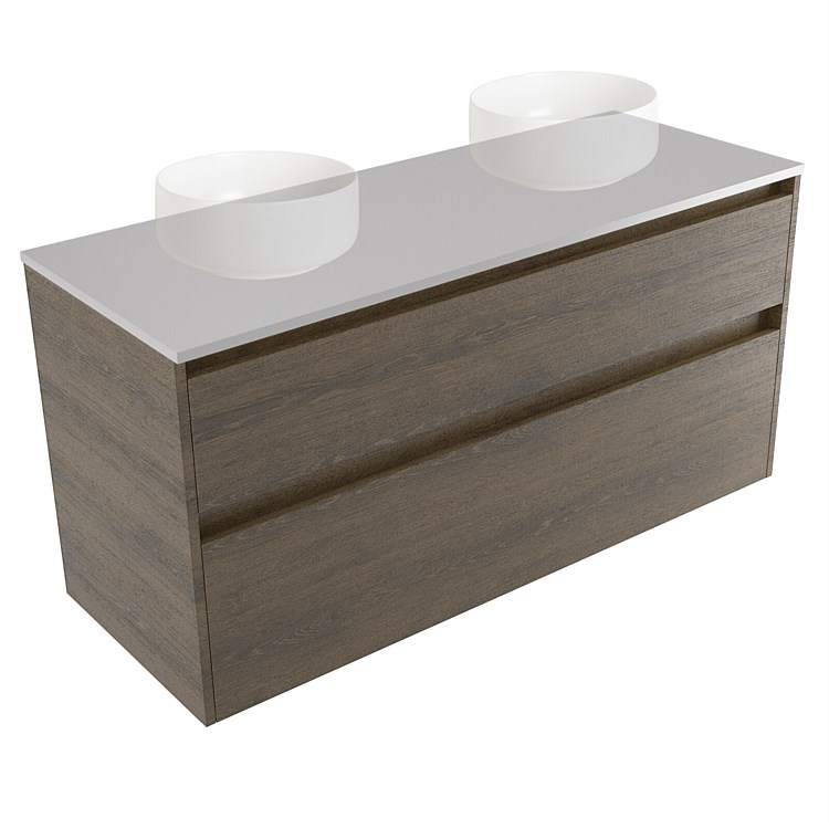 Elementi Sienna 1200mm Double 2 Drawer Wall-Hung Vanity Moonlight Elestone Flat Top Smokey Oak Timbe