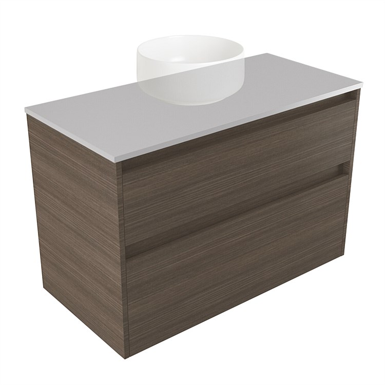 Elementi Sienna 900mm 2 Drawer Wall-Hung Vanity Moonlight Elestone Flat Top Charred Oak