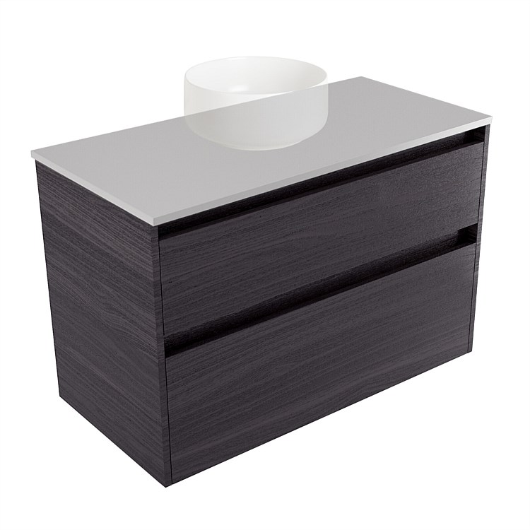 Elementi Sienna 900mm 2 Drawer Wall-Hung Vanity Moonlight Elestone Flat Top Fiordland Elm Wilderness