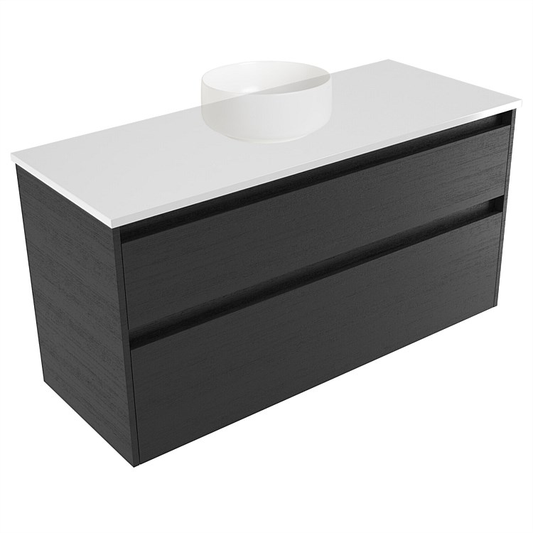 Elementi Sienna 1200mm 2 Drawer Wall-Hung Vanity White Elestone Top Black Timberland