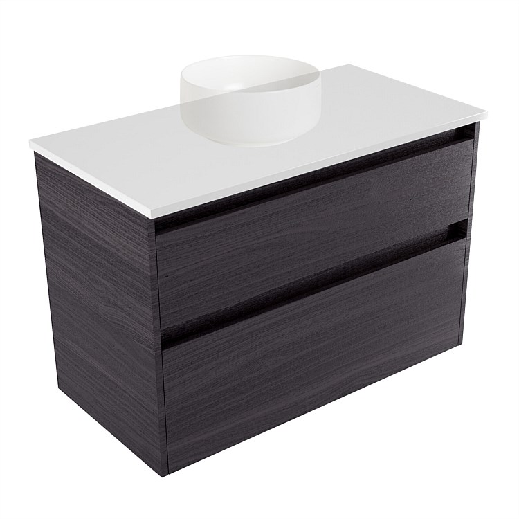 Elementi Sienna 900mm 2 Drawer Wall-Hung Vanity White Elestone Top Fiordland Elm Wilderness