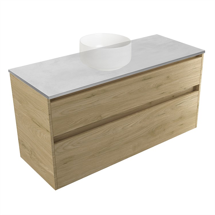 Elementi Sienna 1200mm Grey Concrete Top 2 Drawer Wall-Hung Vanity French Oak Velvet Elementi Sienna 1200mm Grey Concrete Top 2 Drawer Wall-Hung Vanity French Oak Velvet