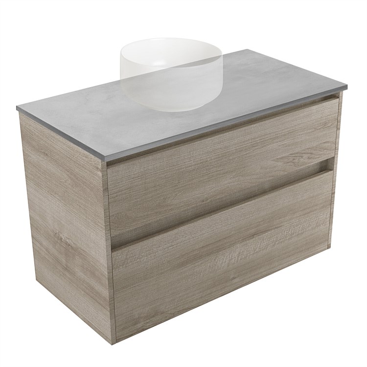 Elementi Sienna 900mm Grey Concrete Top 2 Drawer Wall-Hung Vanity Ashen Walnut Timberland Elementi Sienna 900mm Grey Concrete Top 2 Drawer Wall-Hung Vanity Ashen Walnut Timberland
