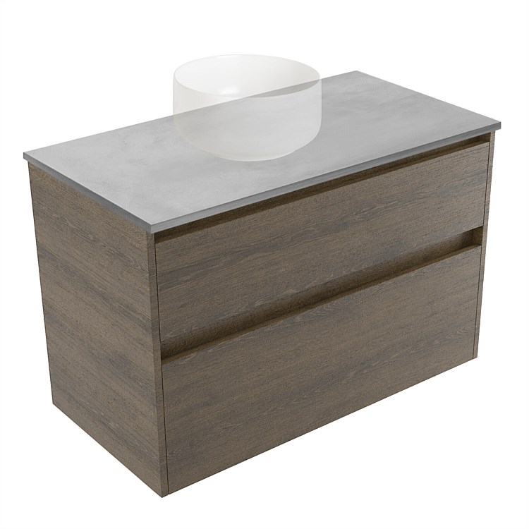 Elementi Sienna 900mm Grey Concrete Top 2 Drawer Wall-Hung Vanity Smokey Oak Timberland Elementi Sienna 900mm Grey Concrete Top 2 Drawer Wall-Hung Vanity Smokey Oak Timberland