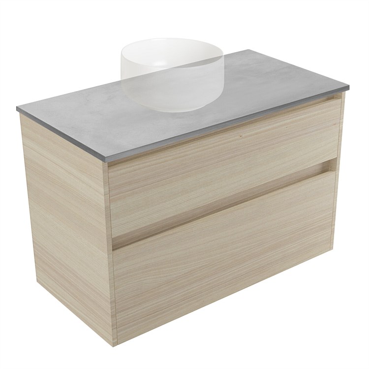 Elementi Sienna 900mm Grey Concrete Top 2 Drawer Wall-Hung Vanity Seasoned Oak