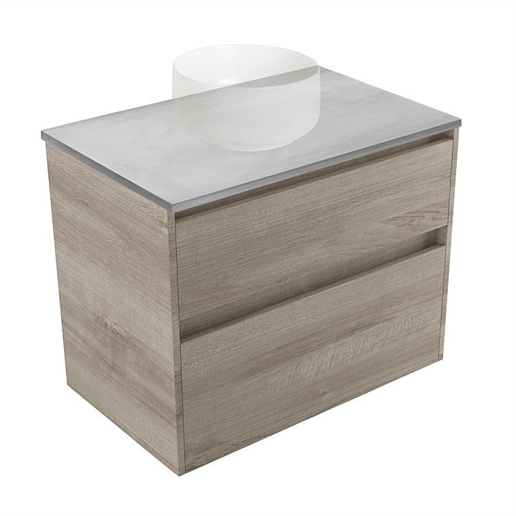 Elementi Sienna 750mm Grey Concrete Top 2 Drawer Wall-Hung Vanity Ashen Walnut Timberland Elementi Sienna 750mm Grey Concrete Top 2 Drawer Wall-Hung Vanity Ashen Walnut Timberland