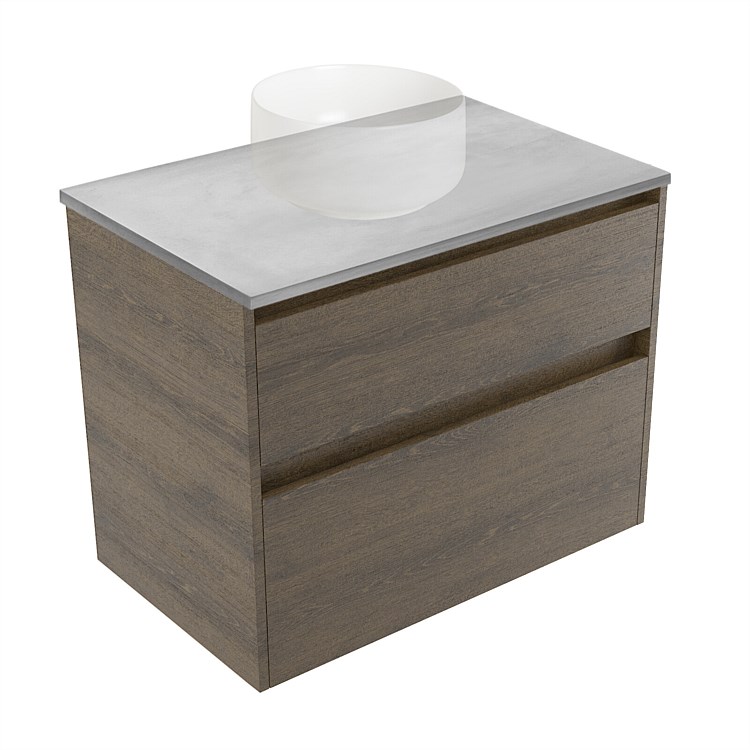 Elementi Sienna 750mm Grey Concrete Top 2 Drawer Wall-Hung Vanity Smokey Oak Timberland Elementi Sienna 750mm Grey Concrete Top 2 Drawer Wall-Hung Vanity Smokey Oak Timberland
