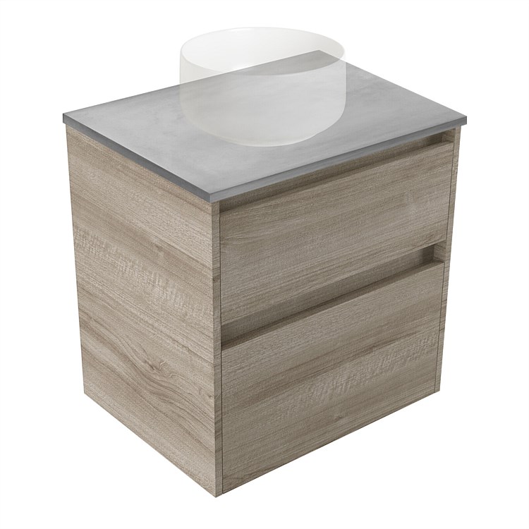 Elementi Sienna 600mm Grey Concrete Top 2 Drawer Wall-Hung Vanity Ashen Walnut Timberland