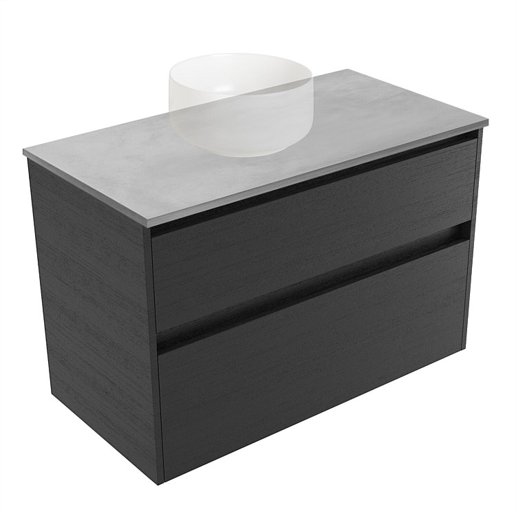 Elementi Sienna 900mm Grey Concrete Top 2 Drawer Wall-Hung Vanity Black Timberland Elementi Sienna 900mm Grey Concrete Top 2 Drawer Wall-Hung Vanity Black Timberland