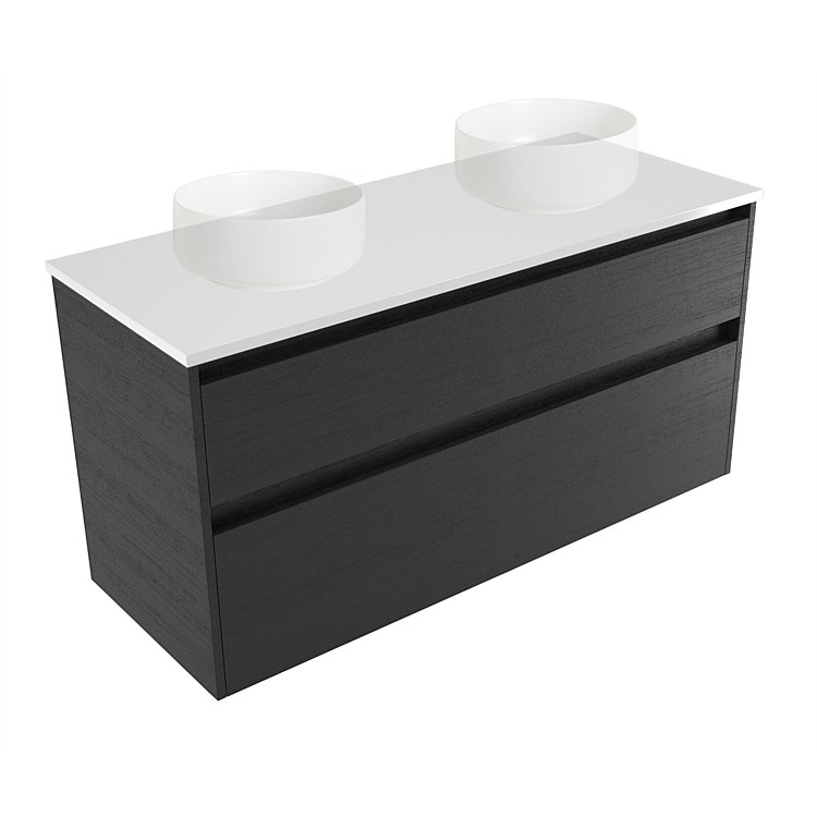 Elementi Sienna 1200mm Double 2 Drawer Wall-Hung Vanity White Elestone Top Black Timberland