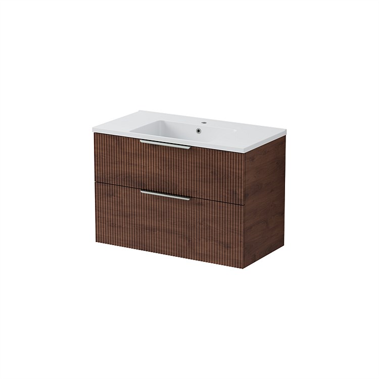 LeVivi Positano Wall Hung 900mm Vanity Solid Surface Double Drawer Walnut