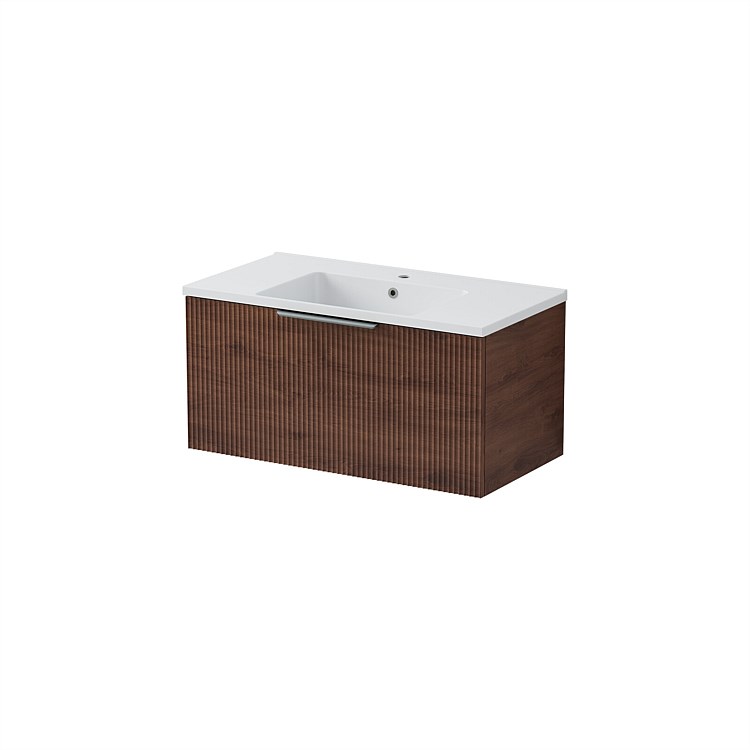 LeVivi Positano Wall Hung 900mm Vanity Solid Surface Single Drawer Walnut LeVivi Positano Wall Hung 900mm Vanity Solid Surface Single Drawer Walnut