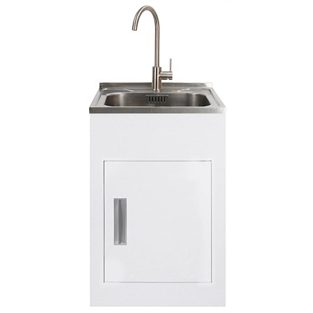 LeVivi LaundraStudio Tub and Cabinet with Brushed Stainless Steel Gooseneck Mixer