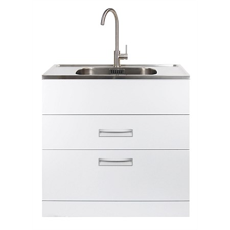 LeVivi Hub Tub 900mm Double Drawer Laundry Tub with Brushed Stainess Steel Gooseneck Mixer