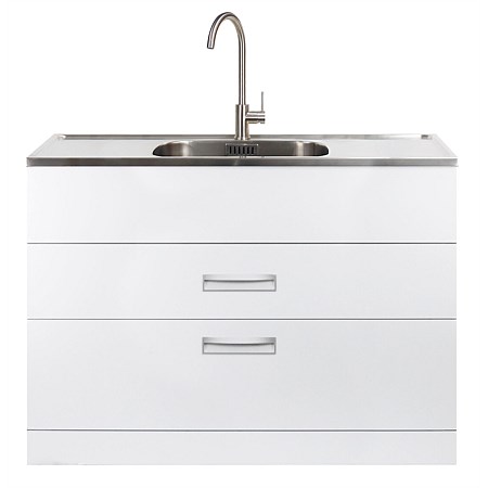 LeVivi Hub Tub 1200mm Double Drawer Laundry Tub with Brushed Stainless Steel Gooseneck Mixer