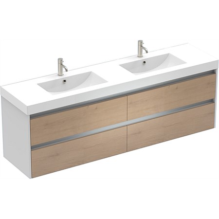 LeVivi Capri 1800mm Double Bowl 4 Drawer Wall-Hung Vanity White Ranfurly Oak