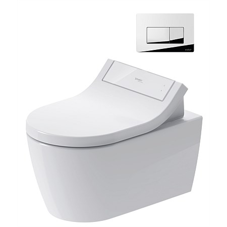 Duravit ME by Starck P-Trap Wall-Hung Toilet Suite with SensoWash Classic Seat White and Chrome Push