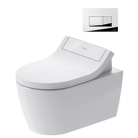 Duravit ME by Starck P-Trap Wall-Hung Toilet Suite with SensoWash® Classic Seat White and Chrome Pus