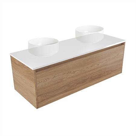 Elementi Sienna 1200mm Double Wall-Hung Vanity White Elestone Top Southern Oak Timberland