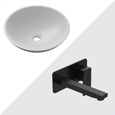 LeVivi Liso Classic Solid Surface Basin & LeVivi Elba Wall Basin Mixer Black