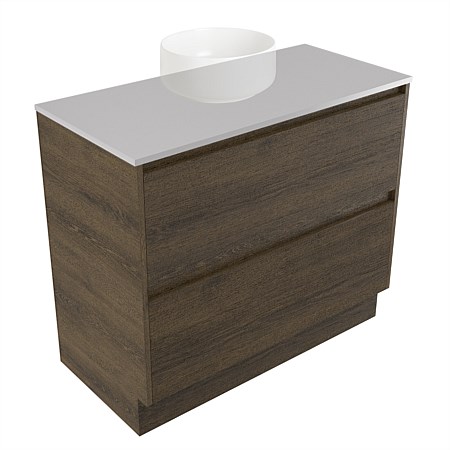 Elementi Sienna 900mm 2 Drawer Vanity Moonlight Elestone Flat Top Smokey Oak Timberland